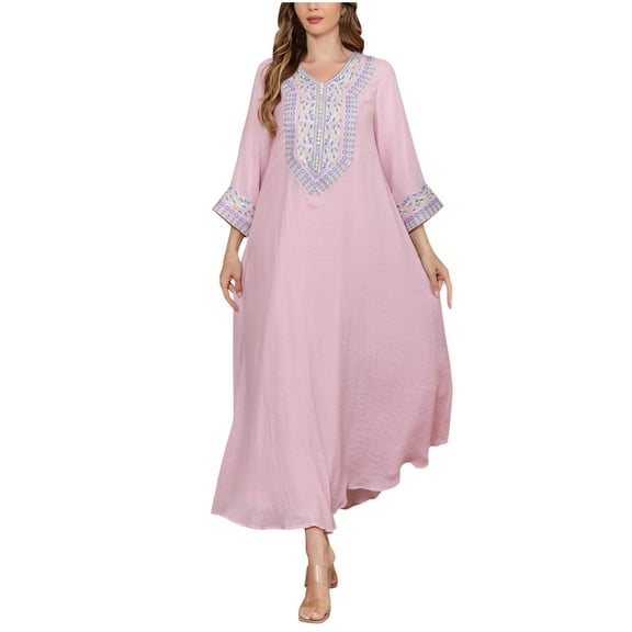 Muslim Dresses For Women V Neck Long Sleeve Print Maxi Dresses Full Cover Loose Casual Long Muslim Robe (XL, Pink)