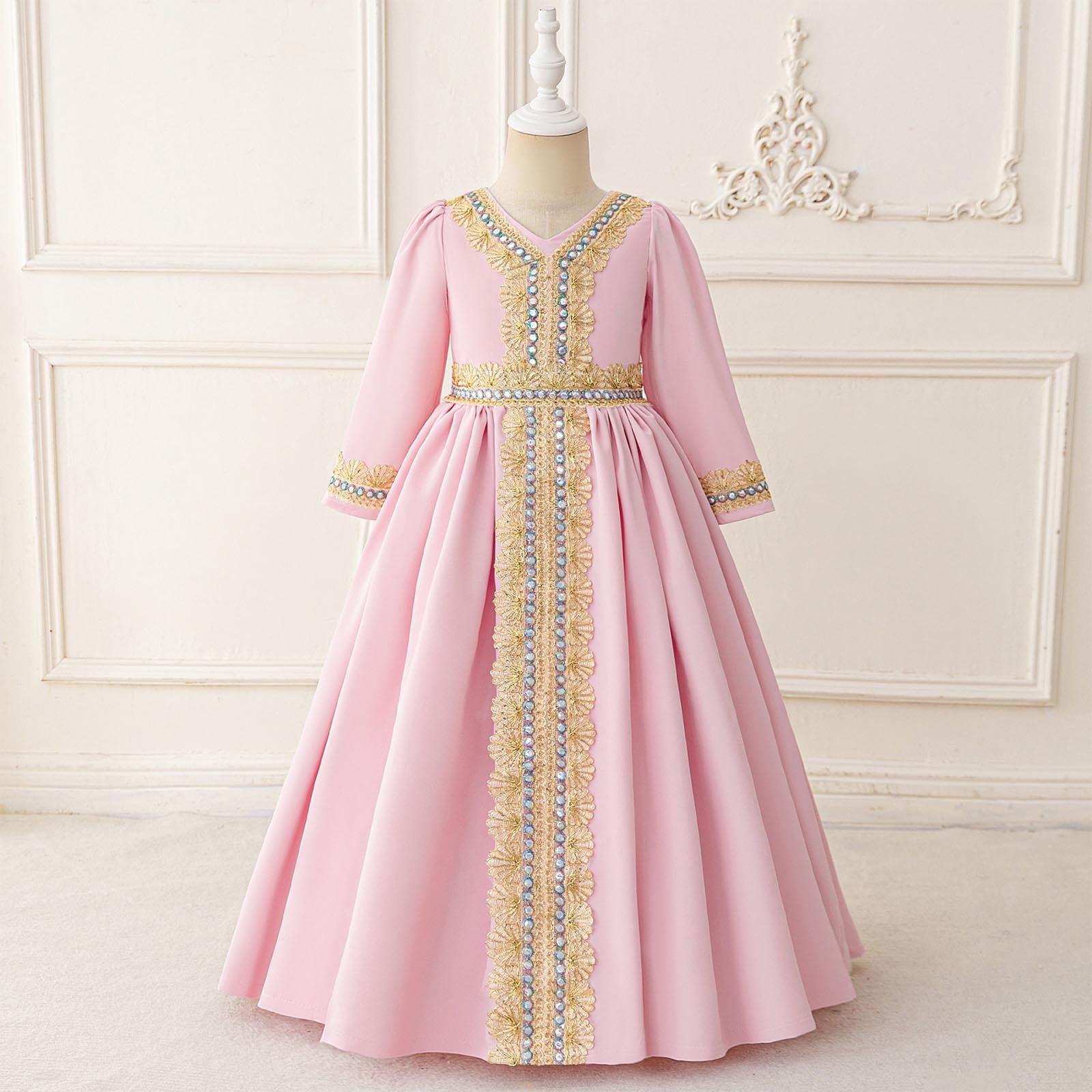 Muslim Dresses for Girls Elegant Long Sleeve A-Line Size 4-8 Toddlers Kids Trendy Embroidered V Neck Wedding Guest Prom Dress Muslim Dresses for Girls Elegant Long Sleeve A-Line Size 4-8 Toddlers Kids Trendy Embroidered V Neck Wedding Guest Prom Dress