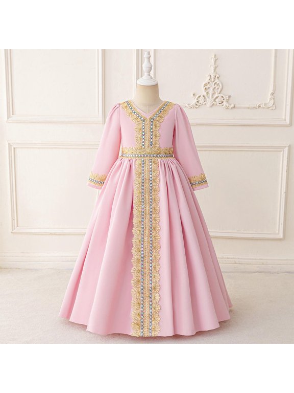Muslim Dresses for Girls Elegant Long Sleeve A-Line Size 4-8 Toddlers Kids Trendy Embroidered V Neck Wedding Guest Prom Dress