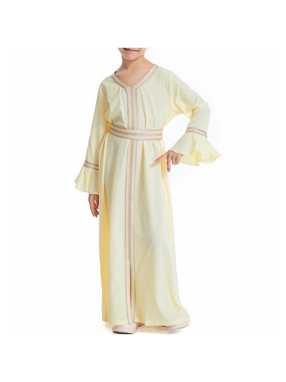 Muslim Dresses for Girls Long Sleeve V Neck Gowns 6M-6Y Toddlers Kids Trendy Solid Color Pullover Slit Front Ankle Length Maxi Dress
