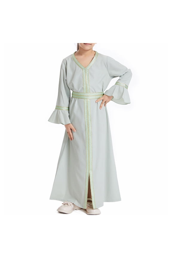Muslim Dresses for Girls Long Sleeve V Neck Gowns 6M-6Y Toddlers Kids Trendy Solid Color Pullover Slit Front Ankle Length Maxi Dress
