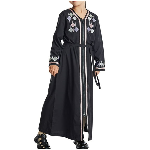 Muslim Girls Abaya Maxi Dresses Full Zipper Long Sleeve Loose Ramadan Dress Embroidered Cotton Prayer Islamic Modest Kaftan Robe, Black, 7 Years