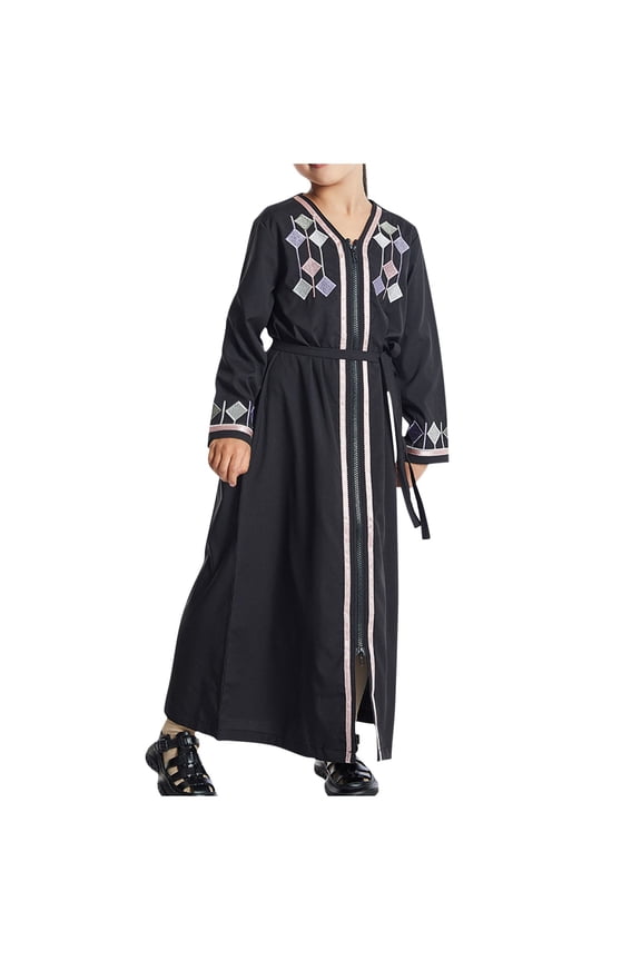 Muslim Girls Abaya Maxi Dresses Full Zipper Long Sleeve Loose Ramadan Dress Embroidered Cotton Prayer Islamic Modest Kaftan Robe, Black, 9 Years
