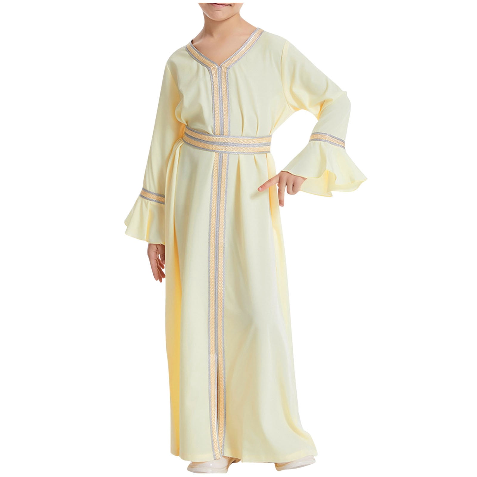 Yellow Arab Robe Muslim Girls Abaya Maxi Dresses Long Sleeve Loose Ramadan Dress Cotton ...