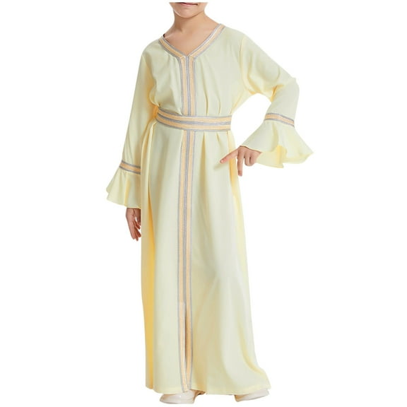 Muslim Girls Abaya Maxi Dresses Long Sleeve Loose Ramadan Dress Cotton Prayer Islamic Modest Kaftan Arabian Robe, Yellow, 9 Years
