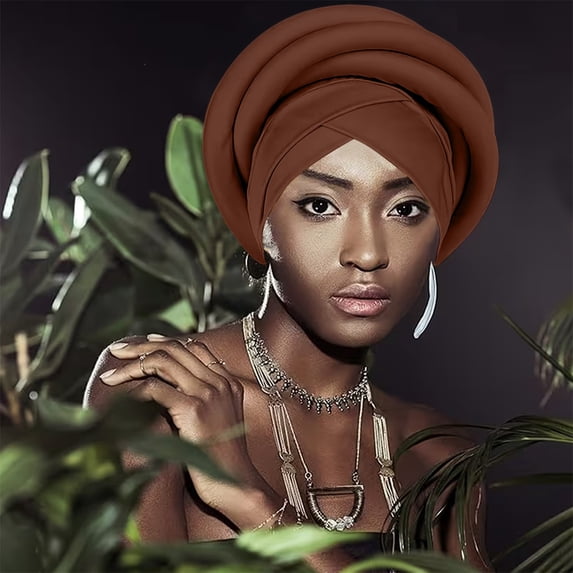 Under $3 Muslim Headwear AURORADY African Women Turban Caps Beanie Headscarf Pre Tied Braid Headwraps for Women Coffee One Size Heardband