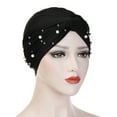 thumbnail image 1 of Hontri Muslim Headwrap Cap Women Solid Turban Beanie Cancer Chemo Hair Loss Cover Stretch Jersey ( Z02-Black), Women Pearl Beading India Hat Muslim Ruffle, 1 of 2
