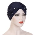 thumbnail image 1 of Hontri Muslim Headwrap Cap Women Solid Turban Beanie Cancer Chemo Hair Loss Cover Stretch Jersey ( Z02-Navy), Women Pearl Beading India Hat Muslim Ruffle, 1 of 2