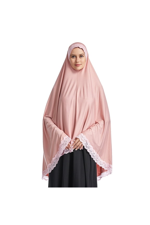 Muslim High Stretch Hijab Pure Color Half-body Cover Hijab with Lace for Praying,Pink,L