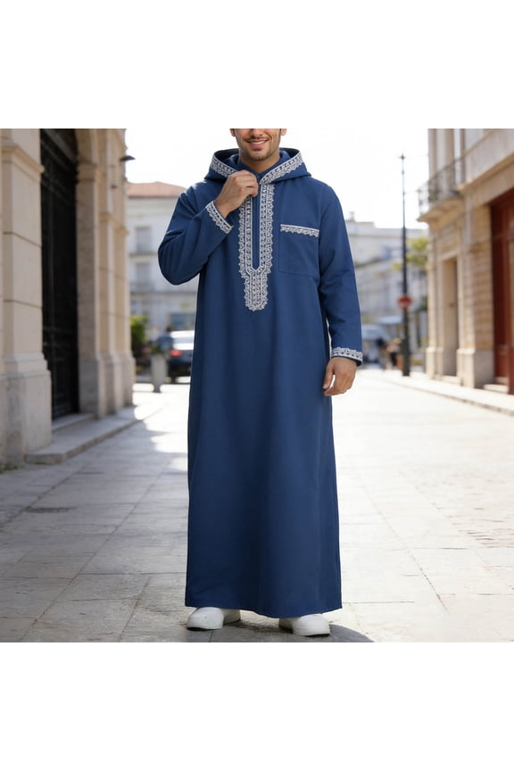 Hoodie Robe, Long Sleeve Embroidered Zippered, Slim Fit Thobe, Casual Modest Wear