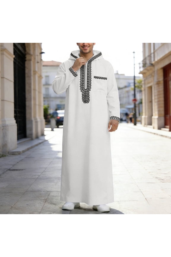 Hoodie Robe, Long Sleeve Embroidered Zippered, Slim Fit Thobe, Casual Modest Wear