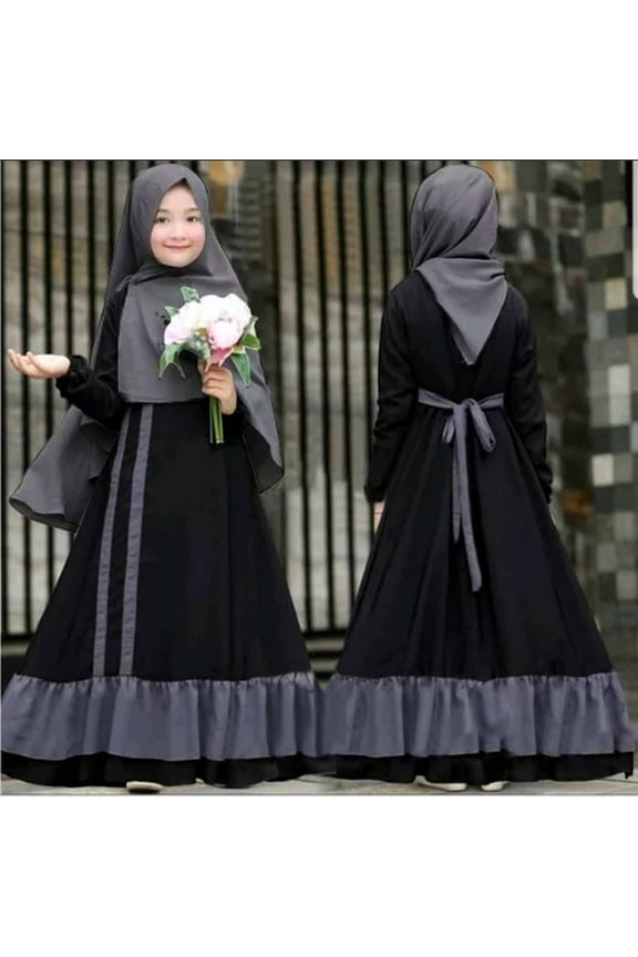 Muslim Long Dress Girls' Long-sleeved Round Neck Patchwork Color Long Dress+Headband Cover Two-piece Set