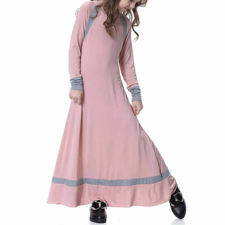 Muslim Long Dress for Kid Big Girl Medium Long Sleeve Round Neck Solid Color Dress Patchwork Mid length Dress Pleated Flowy Payer Dress