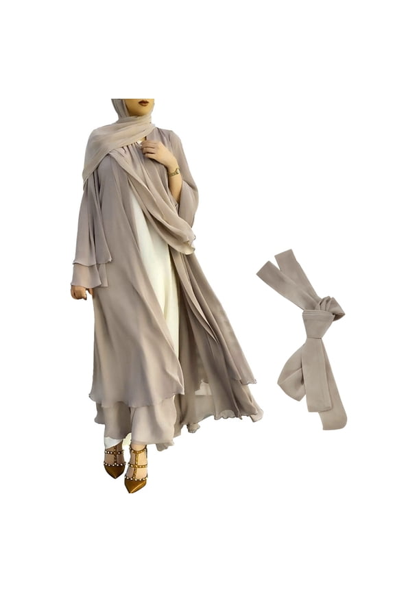 Muslim Long Sleeve Flowy Maxi Cardigan Islamic Open Front Kimono Abaya Robe Turkey Kaftan Solid Color Belted Loose Dress