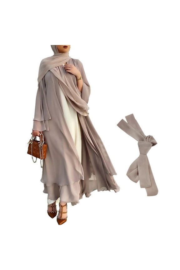 Muslim Long Sleeve Flowy Maxi Cardigan Islamic Open Front Kimono Abaya Robe Turkey Kaftan Solid Color Belted Loose Dress