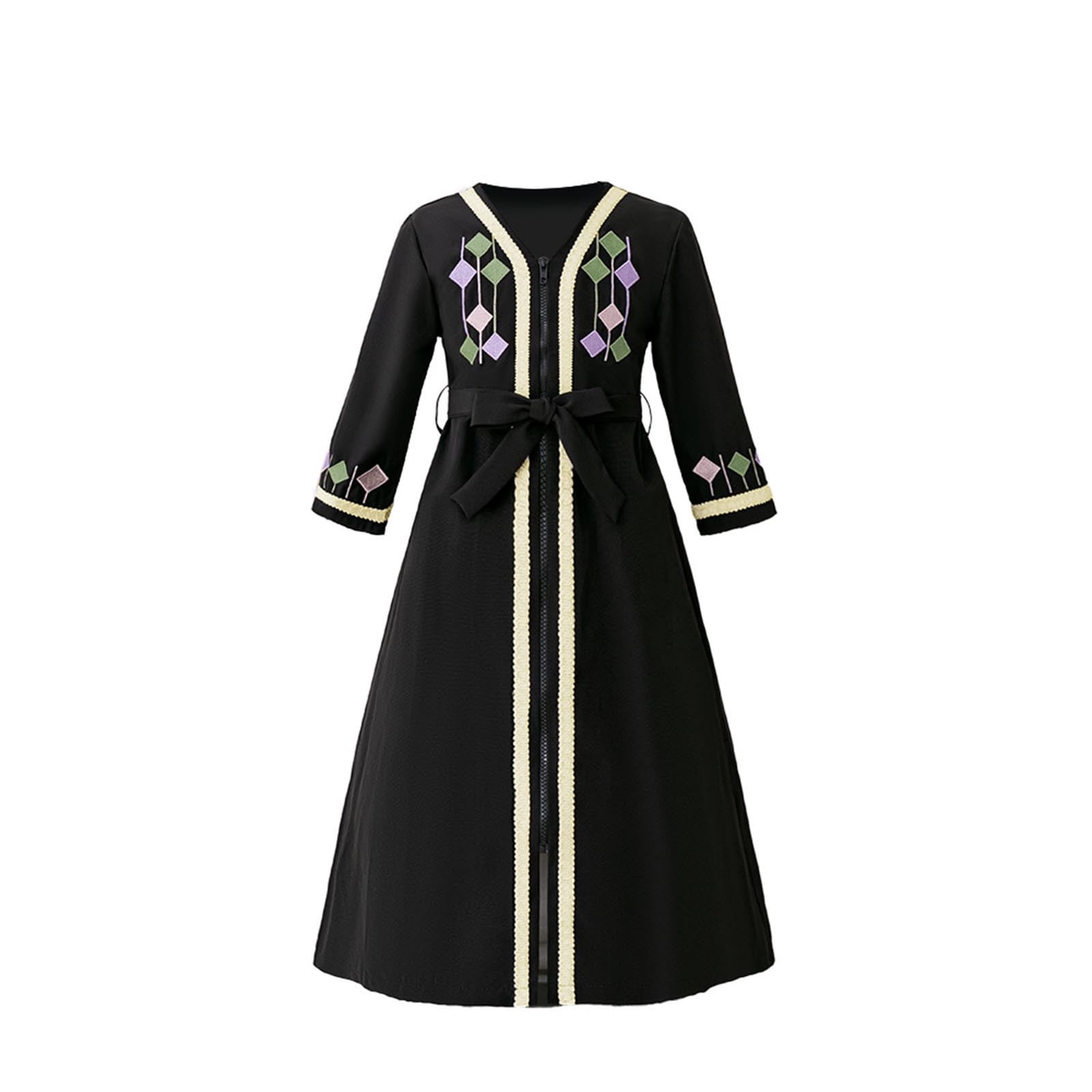 vokkrv Muslim Maxi Dress for Girls Kids Long Sleeve Zip Up Long Robe with Belts Vintage Classic V Neck Abaya Flowy Casual Modest Embroidered Dresses