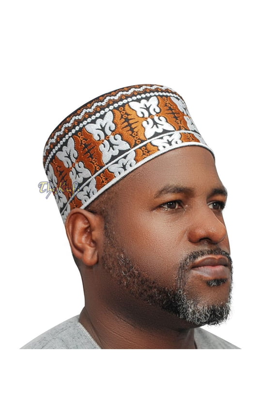 Muslim Omani Kufi Hat Rust-Brown Black White Butterfly Motif 4-Inch Islamic African Yemeni Kenyan Tupi