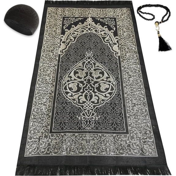 Muslim Prayer Rug Prayer Beads Kufi Hat for Men and Women 100% Breathable Black Skull Beanie Traditional Desing Prayer Mat Eid Ramadan Gifts Islamic Set Salah Mat Taffeta Fabric Soft (Black)
