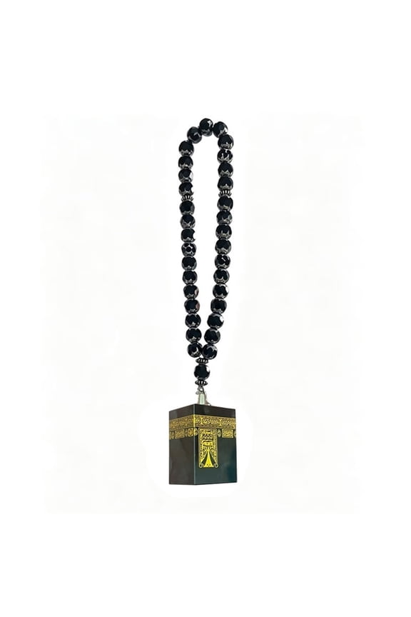 Muslim Religious Car Rearview Mirror Hanging Ornament, Mini Mecca Holy Cube Pendant with Black Prayer Beads, Islamic Eid Ramadan Decor Car Interior Charm Gift for Believers