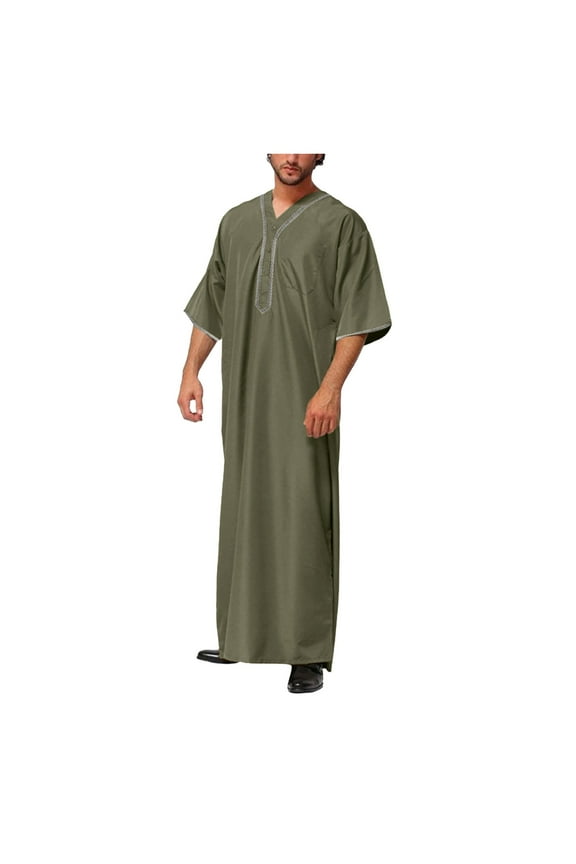 Robe For Men Arab Long Sleeve Kaftan Arabic Abaya Thobe Loose Fit Middle East Cloth Shirt Gown,Green,L