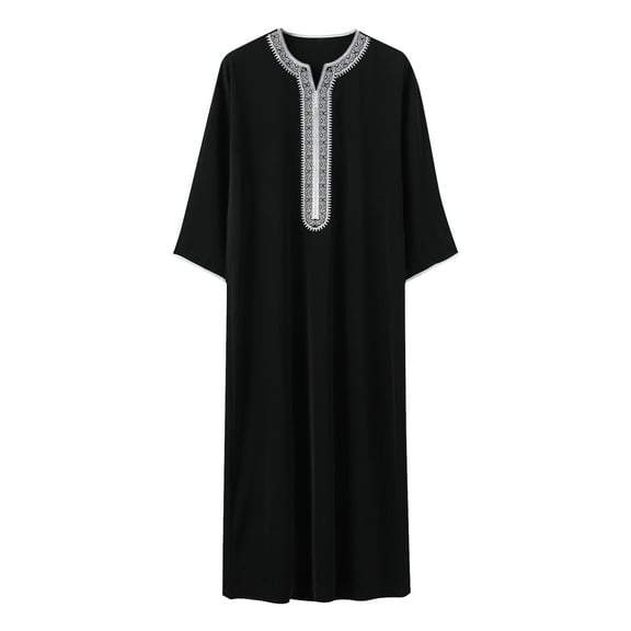 Muslim Robe for Men Casual V Neck Embroidery Long Sleeve Robe Middle East Islamic Cloth Shirt Gown