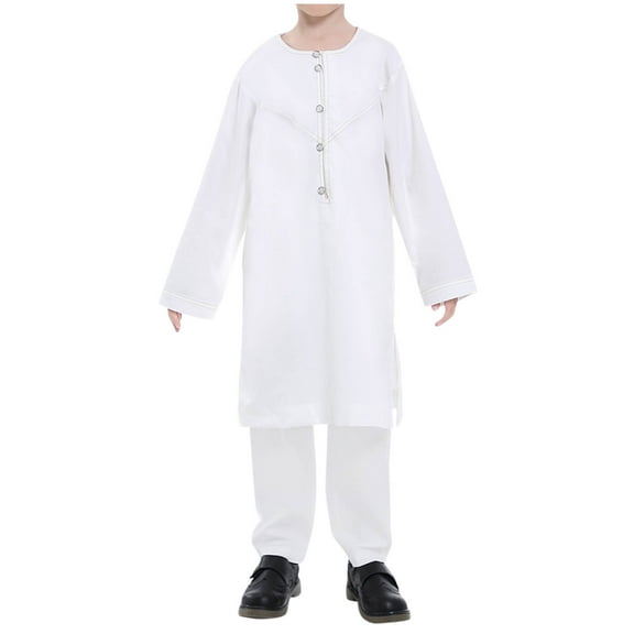 Muslim Sets for Boys 2 Piece Outfits 4-13 Years Teens Kids Casual Long Sleeve Gowns and Pants Lightweight Solid Breathable Going-Out Set