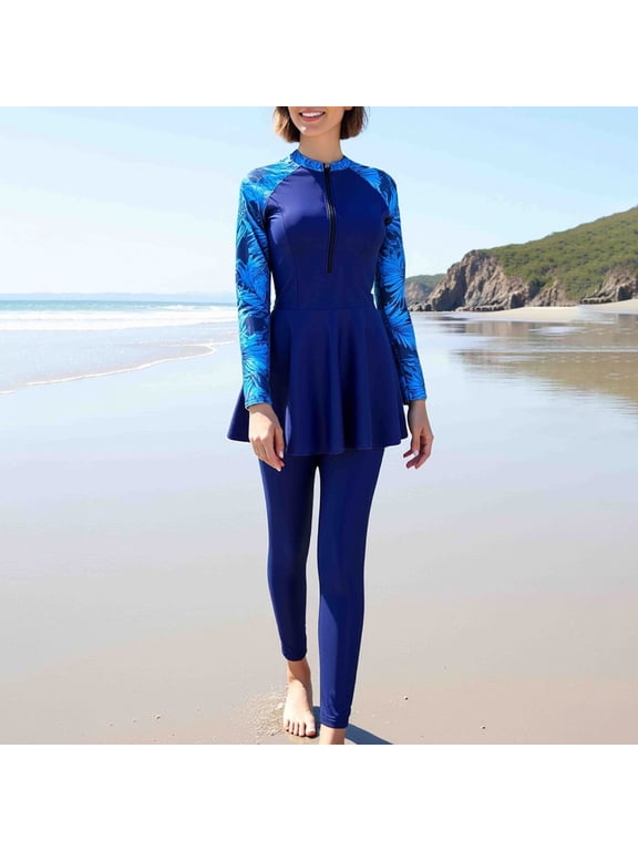 Swimsuits for Women Modest Two Piece Full Coverage Rash Guard Bathing Suit Set Long Sleeve Swimwear Tops & Pants Sets (Blue L)