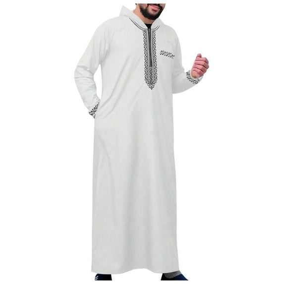 Thobe For Men Kaftan Long Sleeve Hooded Casual Middle East Cloth Shirt Gown Loose Fit Abaya Dubai Arab Robe,White,M