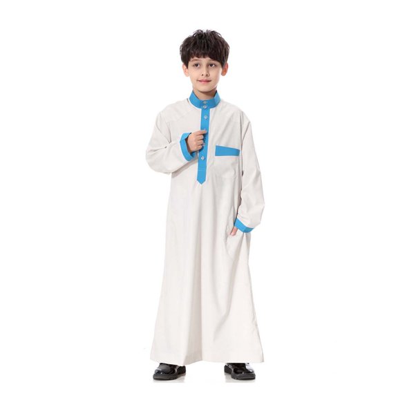Thobe for Kids Long Sleeve Button White Long Thobe Eid Outfit 9-10 Years Boy Clothes
