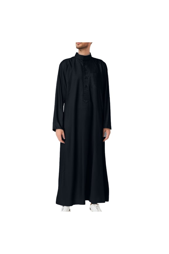 Muslim Thobe for Men Button Down Mens Caftans Big and Tall Long Sleeve Arab Thobe with Pocket Dubai Robes Men's Clothing Black, Size 58