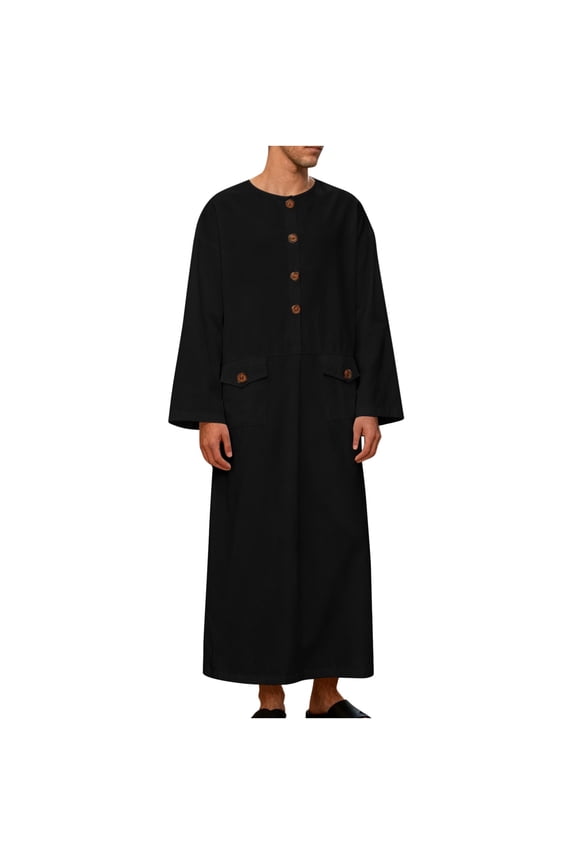 Muslim Thobe for Men Islam Kaftan Long Sleeve Button Up Casual Henley Prayer Robe Clothing Dubai Arabic with Pockets