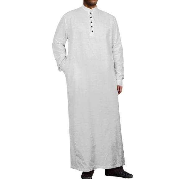 Muslim Thobe for Men Kaftan with Pockets Button Down Long Gown Men's Arab Thobe Long Sleeve White L