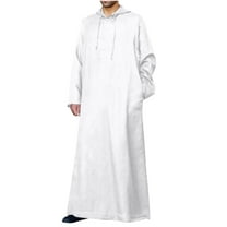 Muslim Thobe for Men Muslim Robe Set Arab Middle Robe Long Sleeve Hooded Button Casual Robe Linen Robe Men