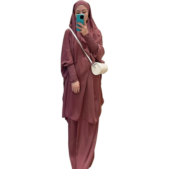 Muslim Women Abaya Two Pieces Set Prayer Dress Elasticated Sleeves Islamic Robe Modest Full Cover Prayer Clothes