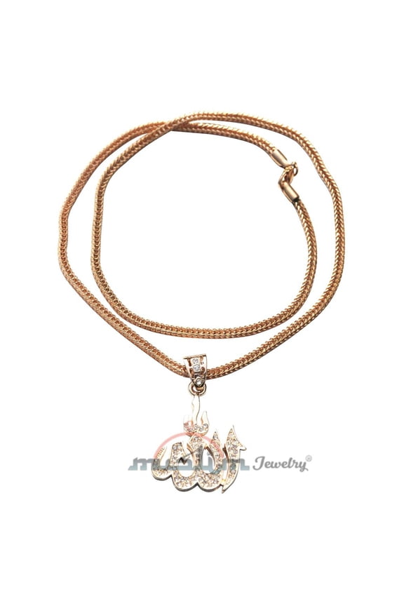 MuslimJewelry Allah Pendant with Rhinestones Gold-tone on 61cm Fox Tail Chain