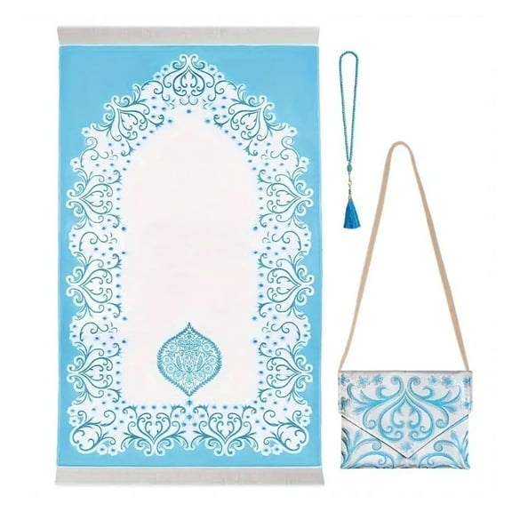 Muslims Prayer Rug with Beads Bag Mubarak Islamic Praying Soft Mat for Ramadans