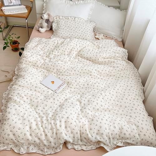 Muslin Baby Kids Duvet Cover with Ruffled Edges for Boys Girls, 1 Piece Pure Cotton Toddler Comforter Cover 47X59'', Rose Pattern Kids Bedding 2-Layer Gauze, No Quilt or Pillowcases