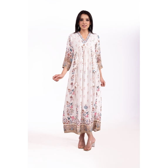 Muslin Bember Floral Printed V Neck Dress