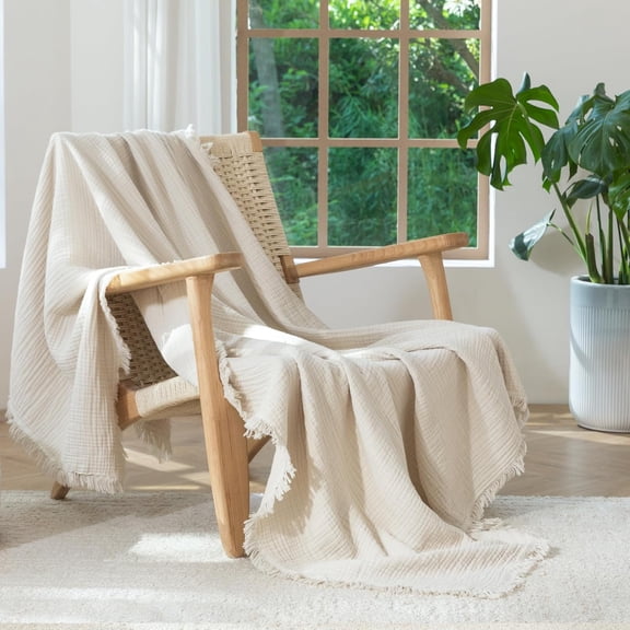 Muslin Blanket - 100% Cotton 4-Layer Gauze Throw Blanket with All-Around Fringe, Soft Breathable Lightweight Cooling Summer Blankets for Bed Couch (Beige,Throw XL 50" x 70")