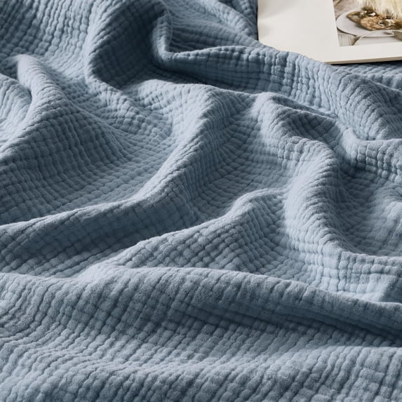 Muslin Blanket 100% Cotton Blankets Twin Size 4-Layer Breathable Lightweight Soft for Couch Bed Boho Farmhouse Linen Tassels Ruffle Gauze Blankets All Season for Adults 60x80 Inches Dusty Blue