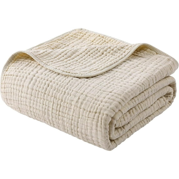 Muslin Blanket 100% Organic Cotton Large Twin Size 60" x 80" for Bed Couch Summer Gauze Blanket for Adults Lightweight and Breathable Apricot White