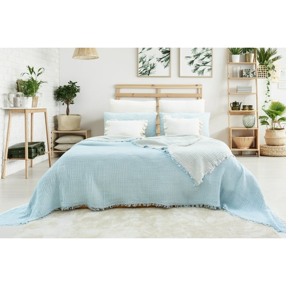 Muslin Blanket 4 Layers, Soft Bedspread, 100% Turkish Cotton Baby Blue Muslin Bed Cover, 91 x 95 in