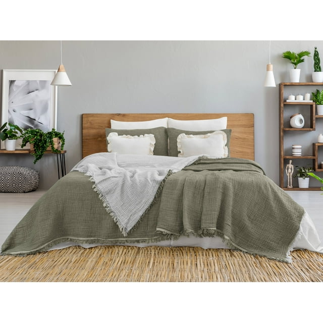 Muslin Blanket 4 Layers, Soft Bedspread, 100% Turkish Cotton Khaki Muslin Bed Cover, 63 x 90 in