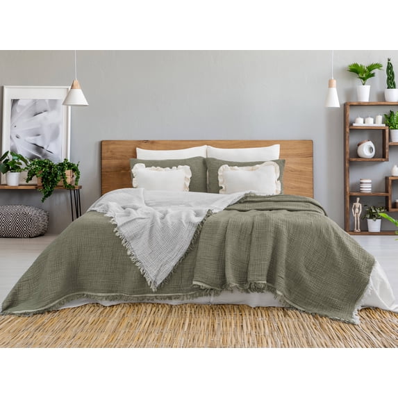 Muslin Blanket 4 Layers, Soft Bedspread, 100% Turkish Cotton Khaki Muslin Bed Cover, 63 x 90 in