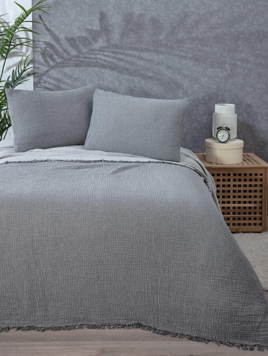 Anthracite King Organic Cotton Reversible Bedspread Set