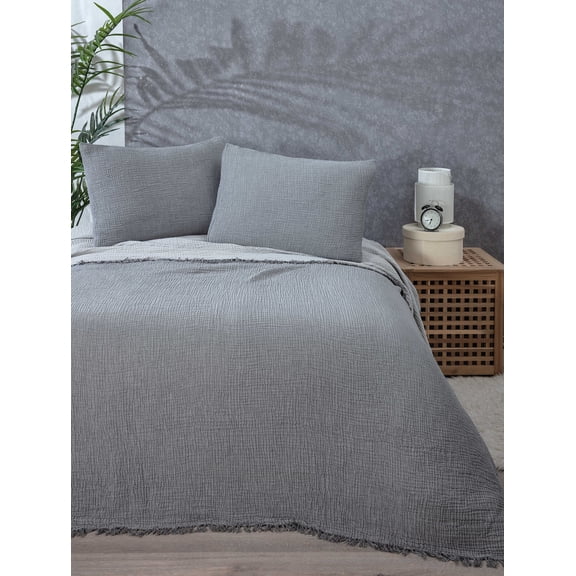 Muslin Blanket 4 Layers, Soft Bedspread, 100% Turkish Cotton Muslin Bed Cover, Reversible Coverlet, Anthracite, 95x102 inches, King Size