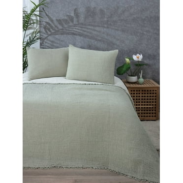 Muslin Blanket 4 Layers, Soft Bedspread, 100% Turkish Cotton Muslin Bed Cover, Reversible Coverlet, Green, 63x90 inches, Twin Size