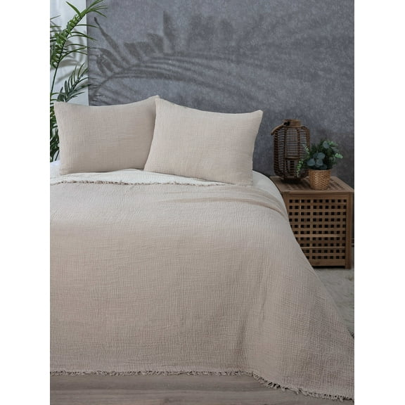 Muslin Blanket 4 Layers, Soft Bedspread, 100% Turkish Cotton Muslin Bed Cover, Reversible Coverlet, Mink, 91x95 inches, Queen Size
