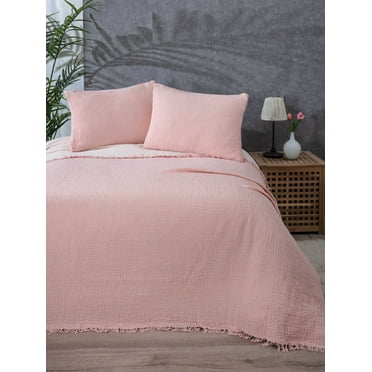 Muslin Blanket 4 Layers, Soft Bedspread, 100% Turkish Cotton Muslin Bed Cover, Reversible Coverlet, Powder Pink, 63x90 inches, Twin Size