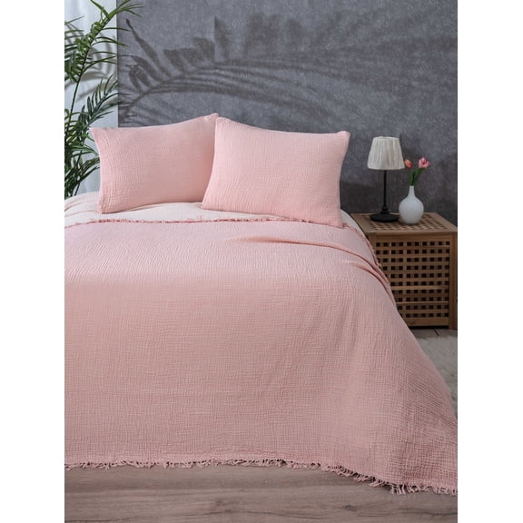 Muslin Blanket 4 Layers, Soft Bedspread, 100% Turkish Cotton Muslin Bed Cover, Reversible Coverlet, Powder Pink, 91x95 inches, Queen Size